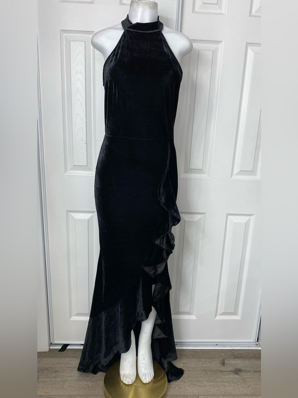 Windsor Black Velvet Halter High-Low Ruffle Gown
